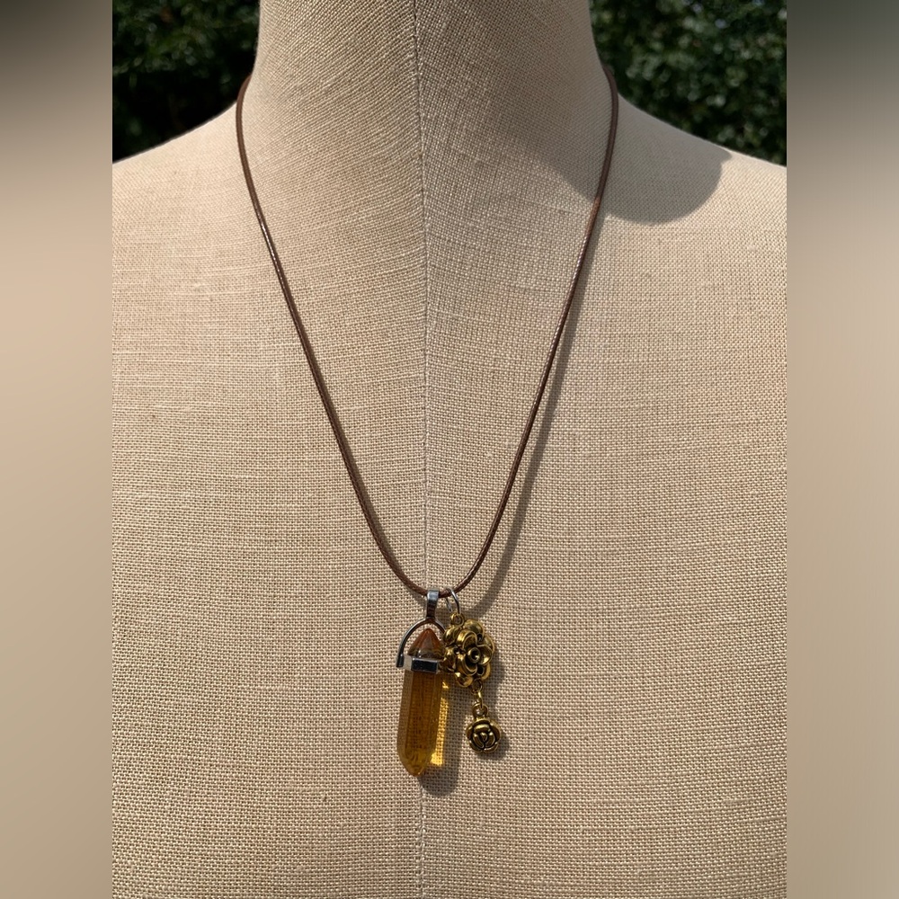 Handmade Honey Amber Resin Crystal Amulet Necklace & Flower Charm - Picture 2 of 8